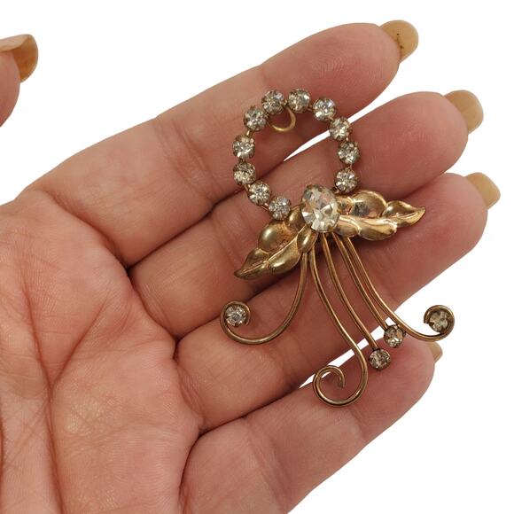 DeCurtis USA 12K GF Floral Swirl Rhinestone Brooch • 1940s • Convertible - Picture 5 of 6